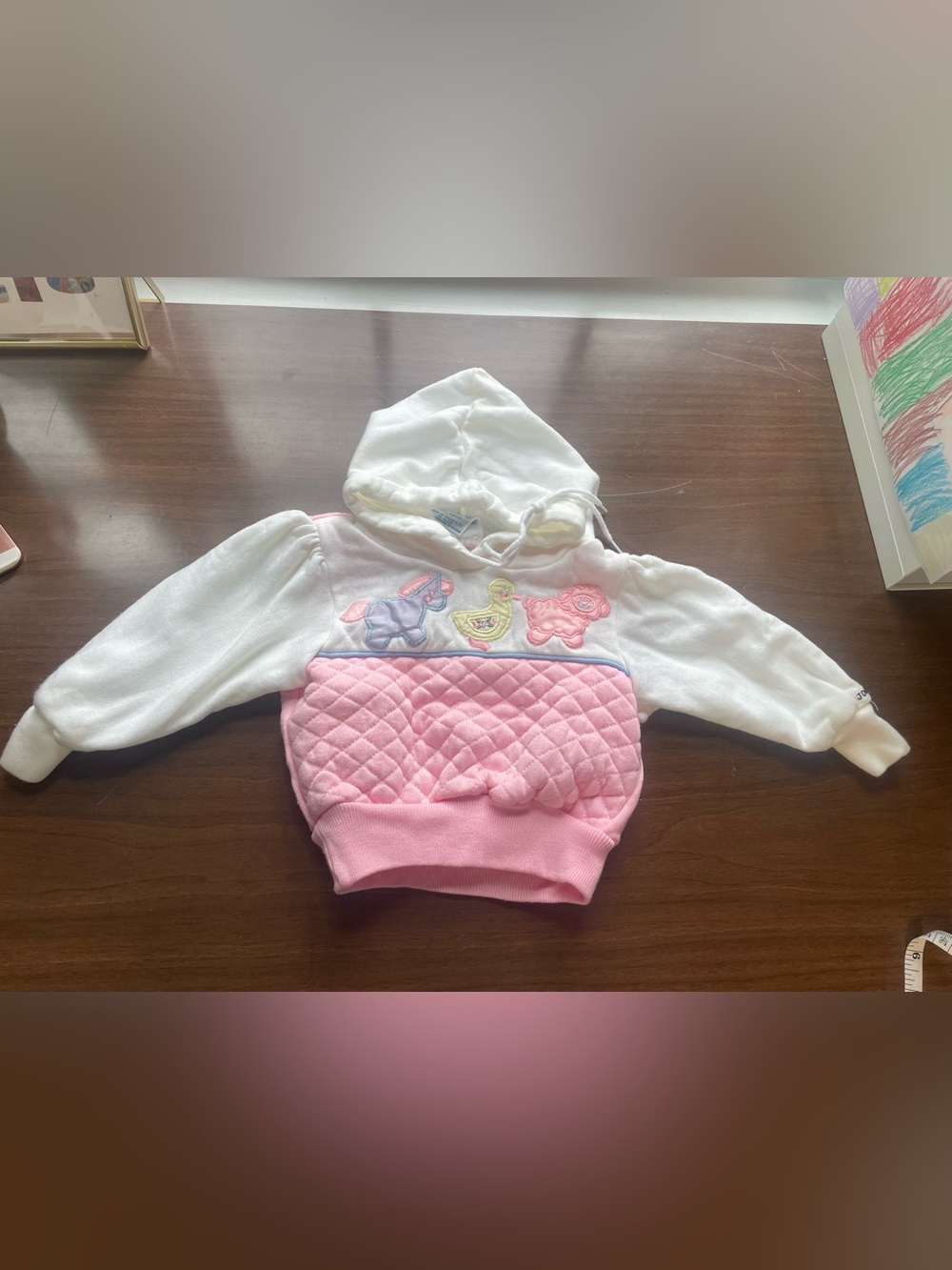 Vintage Baby Girls Pink & White Quilted Hooded Sweatshirt